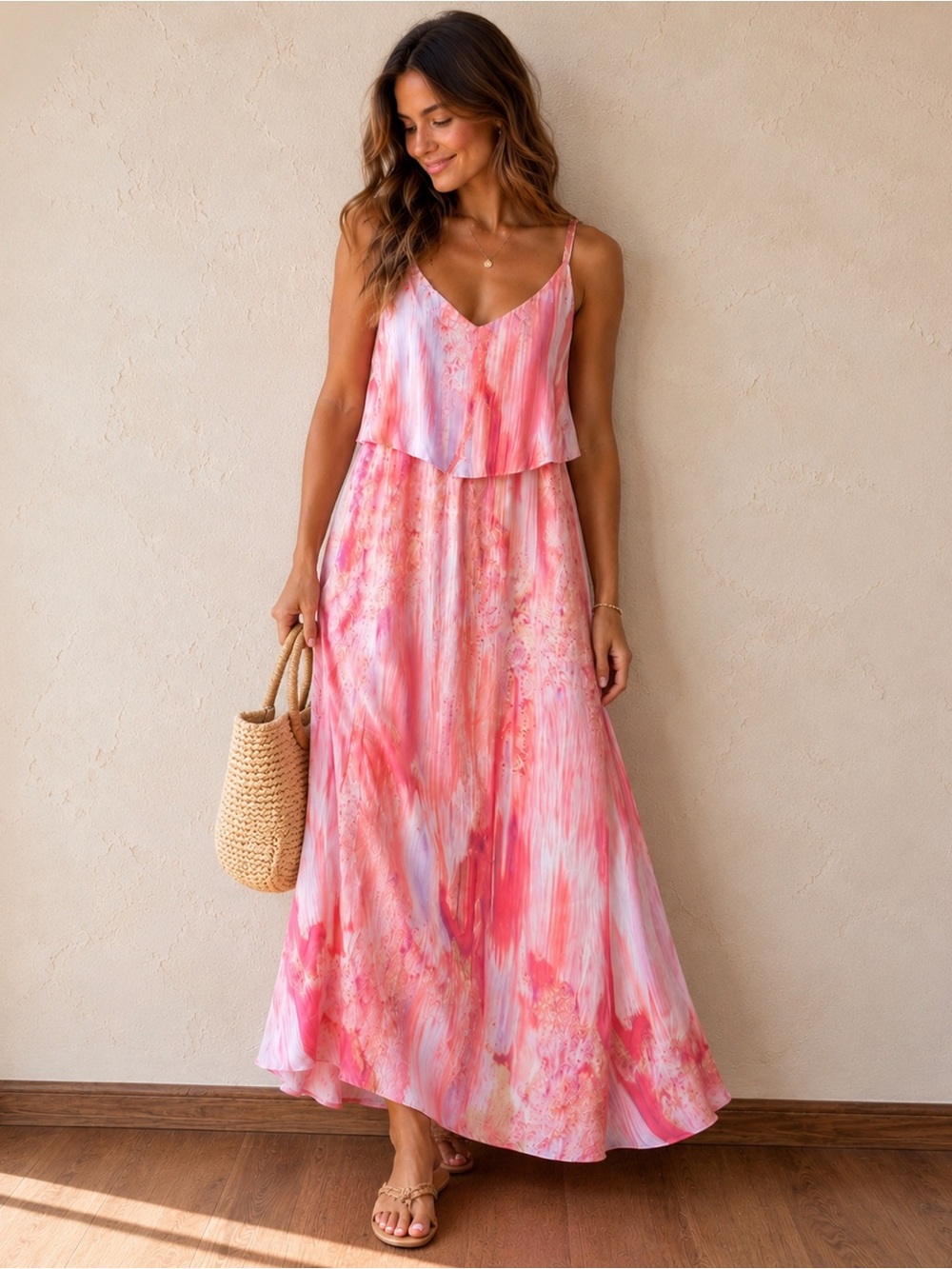 Apt. 9 Coral Pink Watercolor Print Maxi Dress Adjustable Straps Size 8